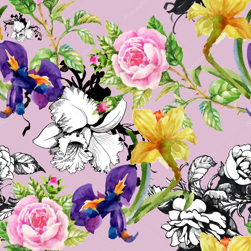 Narcissus, irises and roses pattern Stock Photo by ©KostanPROFF 95226492