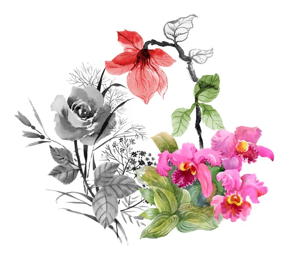 Τριαντάφυλλο και μανόλια Άνθη ορχιδέες — Φωτογραφία Αρχείου