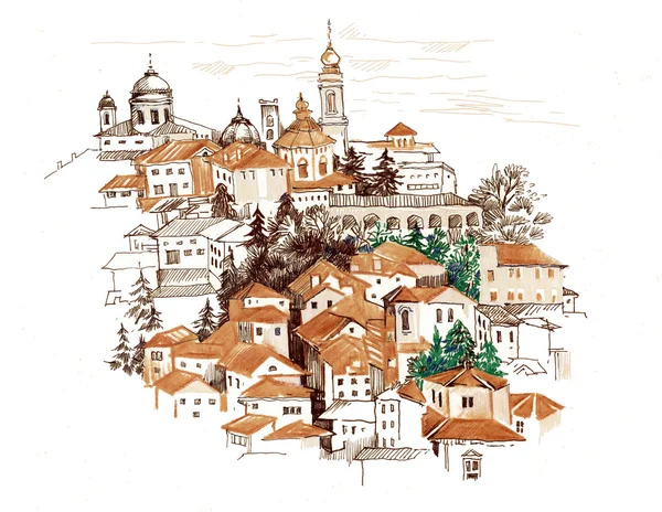 Akvarel panoráma města s domy — Stock fotografie
