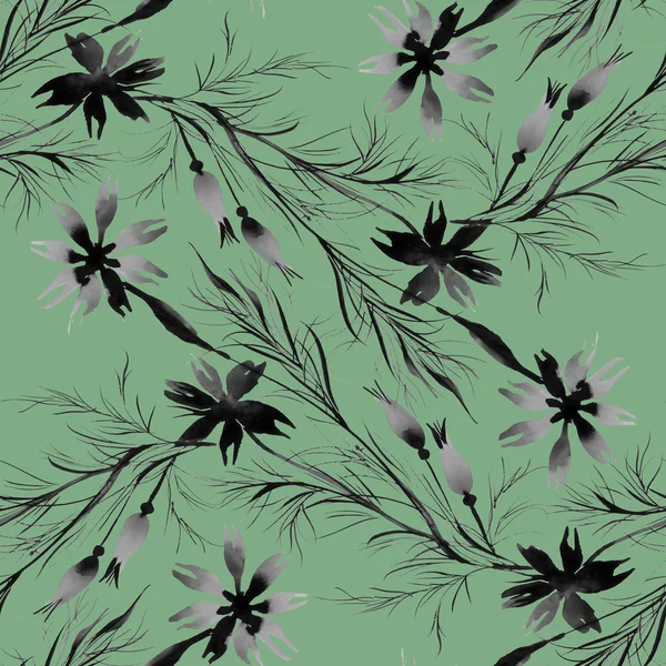 单色的矢车菊和草药图案 — 图库照片