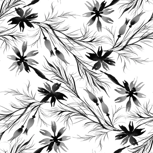 Monochrome cornflowers and herbs pattern — Stock Photo, Image