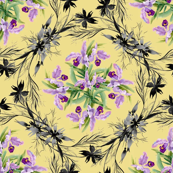 흑백 cornflowers와 난초 패턴 — 스톡 사진