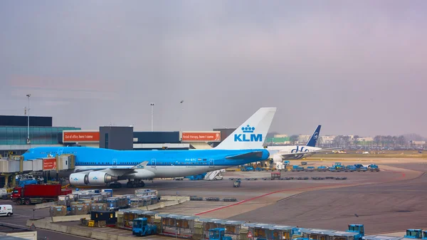 KLM plane being loaded at Schiphol Airport. Amsterdam, Netherlands — Stock Photo, Image