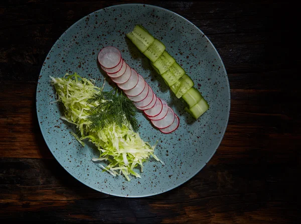 Salada vegetariana leve de primavera fresca com pepino e rabanete — Fotografia de Stock