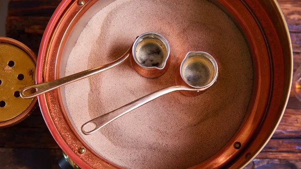 Two cute pots to prepare Turkish coffee — Stock Photo, Image