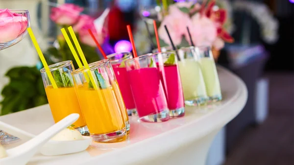 Set of different vegetable juices on the bar. — Stock Photo, Image