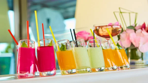 Set of different vegetable juices on the bar. — Stock Photo, Image