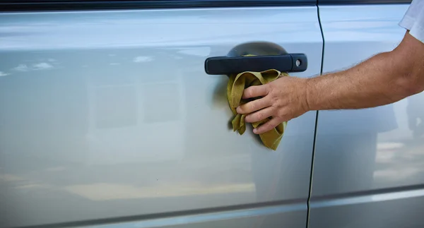 Close-up Of Hand With green Brush Washing Car — Stock Photo, Image