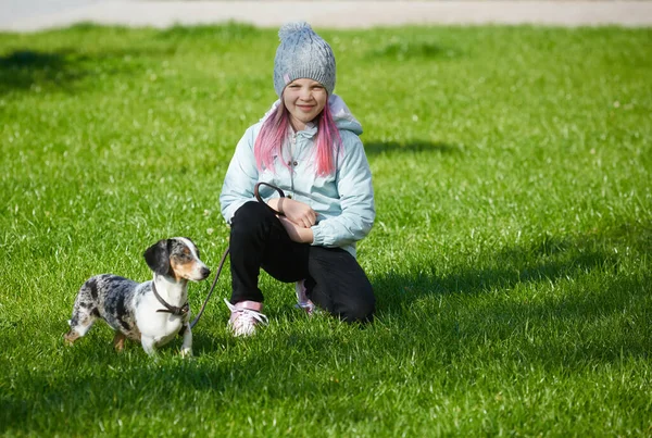 Lány gyermek játszik tacskó kutya ősszel napos park — Stock Fotó