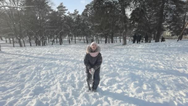 Conceito de infância, lazer e temporada - menina feliz jogando neve no parque de inverno — Vídeo de Stock