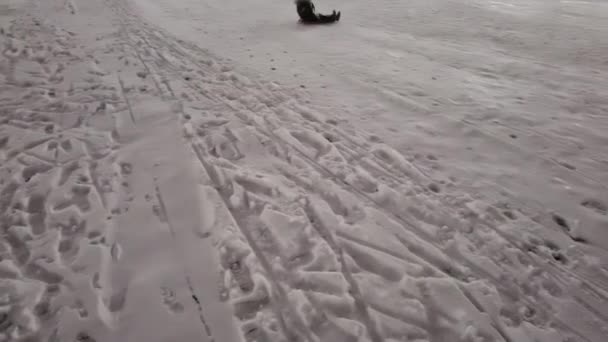 Kid Sledding na neve, criança brincando no inverno, menininha dormindo ao ar livre no parque à noite — Vídeo de Stock