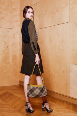 Havalı aksesuarlar takan güzel, şık bir kadının kapalı mekândaki portresi. Kadın modası, güzellik ve reklam konsepti. Metin için alanı kopyala.