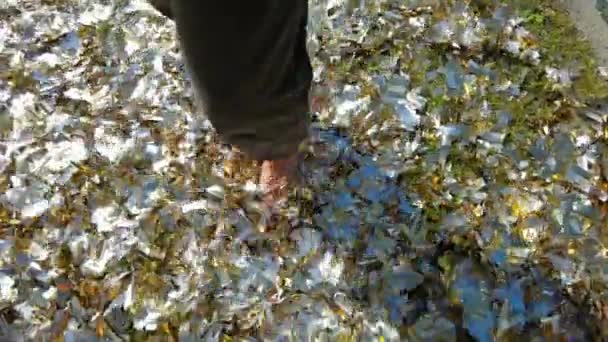 Kobieta chodząca w konfetti na podłodze. — Wideo stockowe