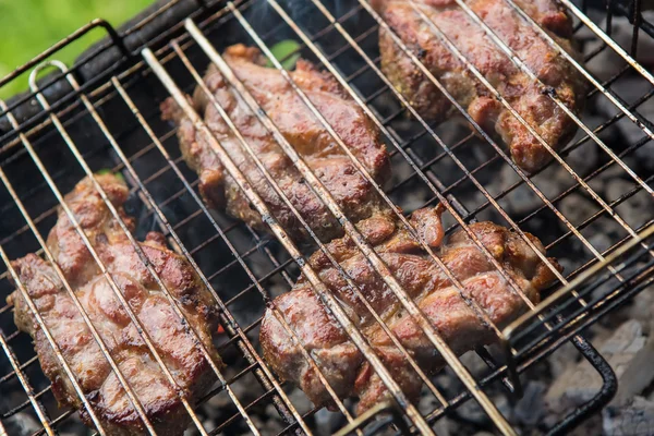 Pedaços de carne char-grelhados sobre chama — Fotografia de Stock