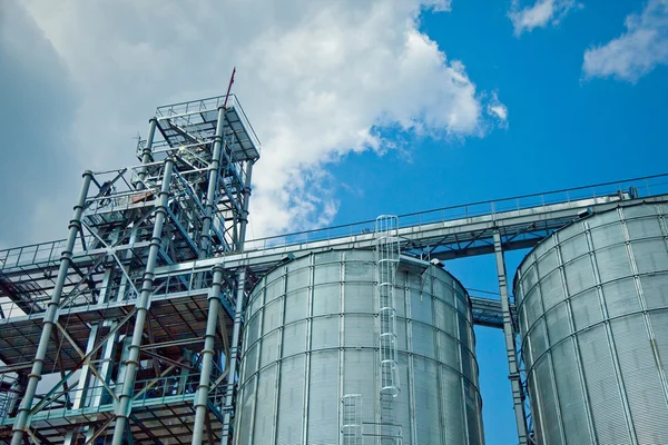 Towers of grain drying enterprise at sunny day — Stock Photo, Image