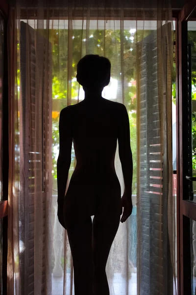 Kontury piękne kobiety stojącej przez drzwi — Zdjęcie stockowe