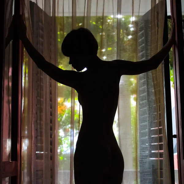 Kontury piękne kobiety stojącej przez drzwi — Zdjęcie stockowe