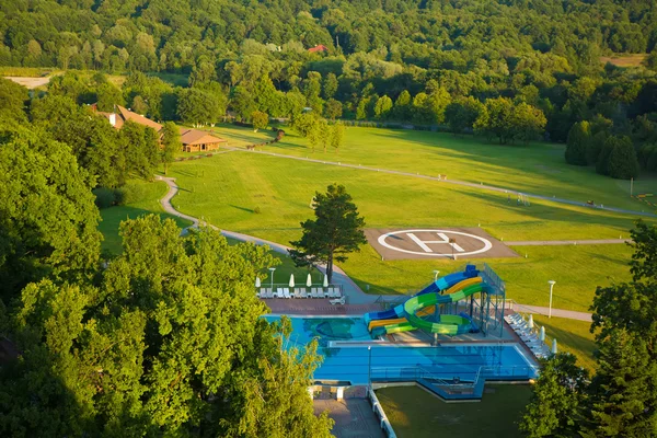 Aqua park constructions in swimming pool — Stock Photo, Image