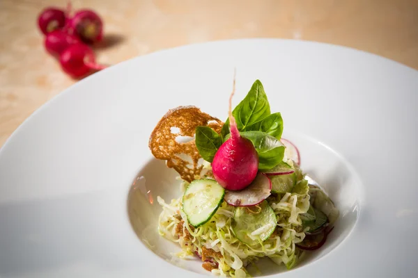 Salad from cabbage, herbs, cucumber and radish in bowl. — Stock Photo, Image