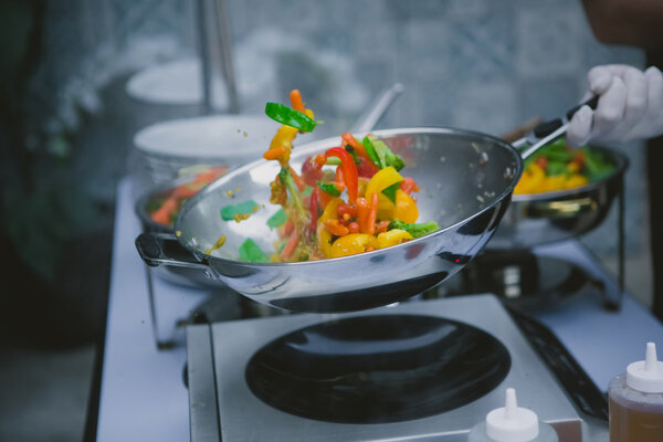 cooking vegetables in wok pan
