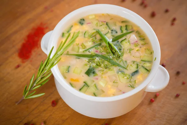 Sopa de verduras frías rusas en yogur, base de leche agria - okroshka —  Fotos de Stock