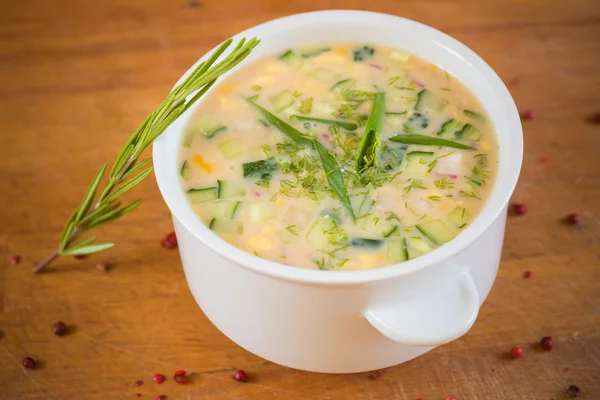 Supă de legume reci rusești pe iaurt, bază de lapte acru - okroshka — Fotografie, imagine de stoc