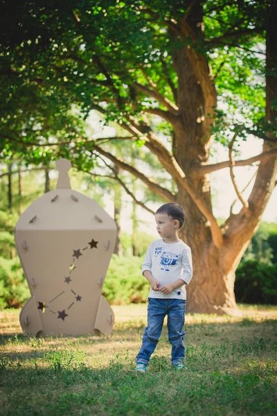 Child playing in a cardboard spaceship. Eco concept — Stock Photo, Image