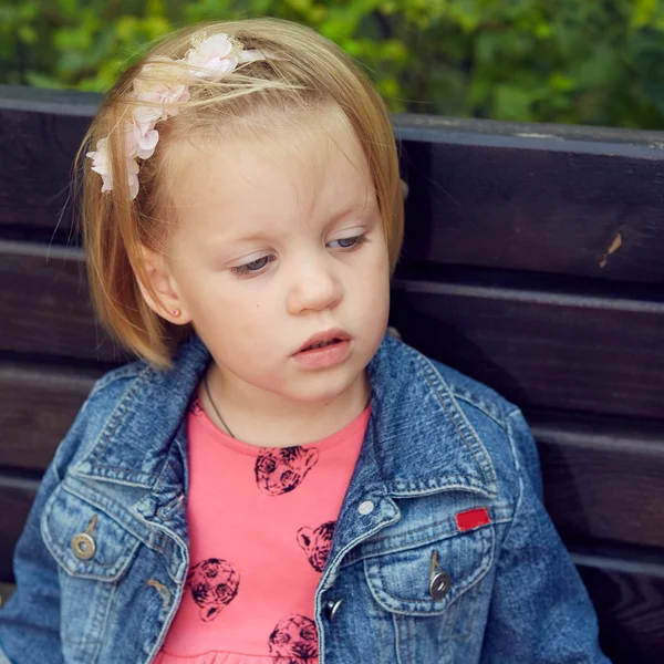 Portrait of funny little child, adorable blonde toddler girl — Stock Photo, Image