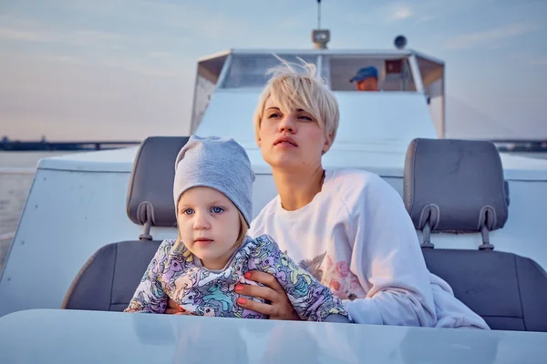 Mother, daughter on yacht or catamaran boat — Stock Photo, Image