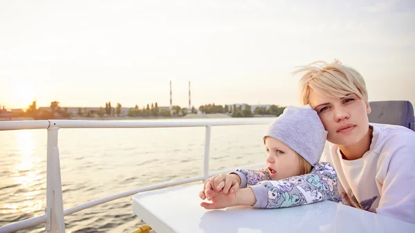 Mother, daughter on yacht or catamaran boat — Stock Photo, Image