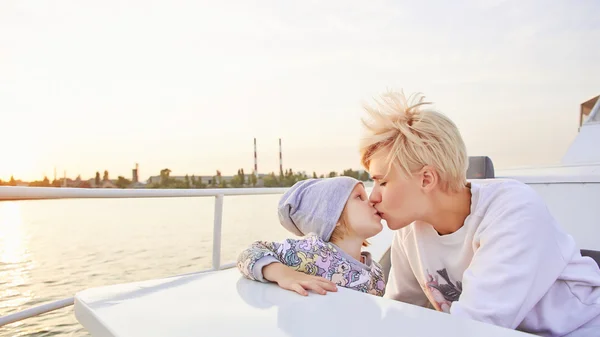 Mother, daughter on yacht or catamaran boat — Stock Photo, Image