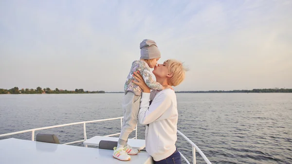 Mother, daughter on yacht or catamaran boat — Stock Photo, Image