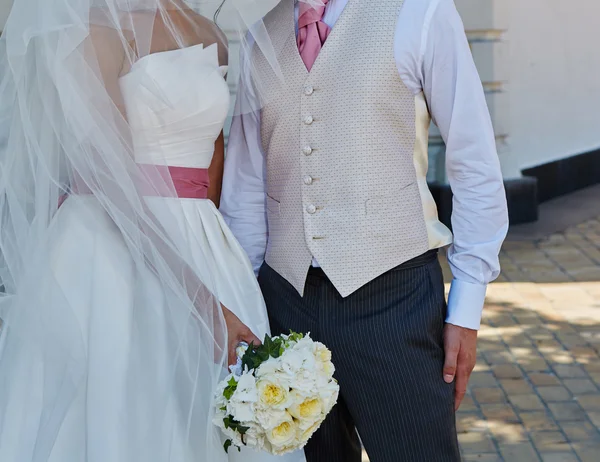 Elegantní nevěsta a ženich společně vystupují — Stock fotografie