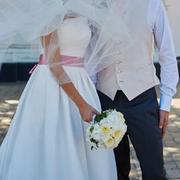 Elegante novia y novio posando juntos — Foto de Stock