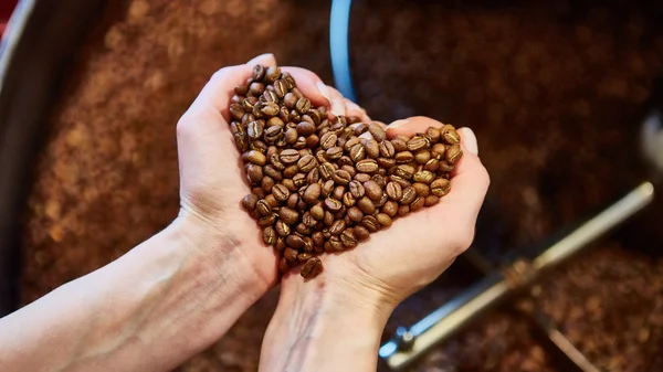 Vista ravvicinata dei chicchi di caffè tostati in mano — Foto Stock