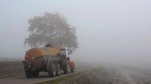 工业汽车驾驶在秋天的晨雾中 — 图库视频影像
