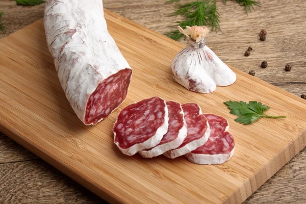 Spanish sausages- fuet salchichon — Stock Photo, Image