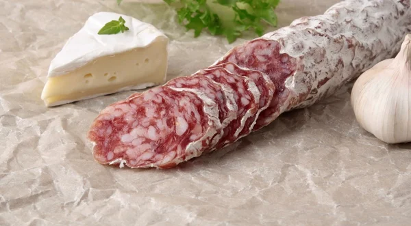 Salami camembert op papier achtergrond — Stockfoto