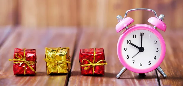 Time Gift Shopping Concept Alarm Clock Christmas Gift Boxes Wooden Stock Picture