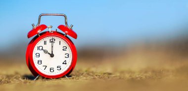 Çimenlerdeki kırmızı çalar saat, zaman kavramını korumak ya da yönetmek için. Kopyalama alanı olan web pankartı