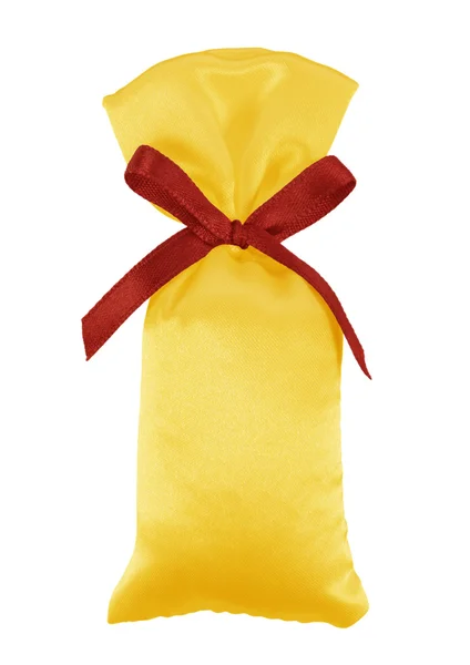 Gift silk pouch with bow - yellow and red — Stock Photo, Image