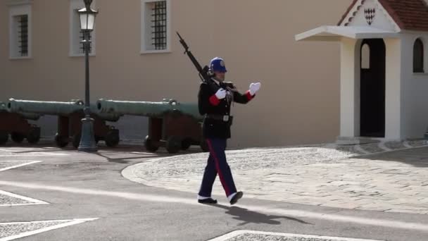 Monaco - wächter spaziert am fürstlichen palast entlang — Stockvideo