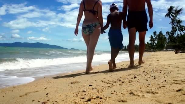 Família ir para um passeio ao longo da praia de areia — Vídeo de Stock