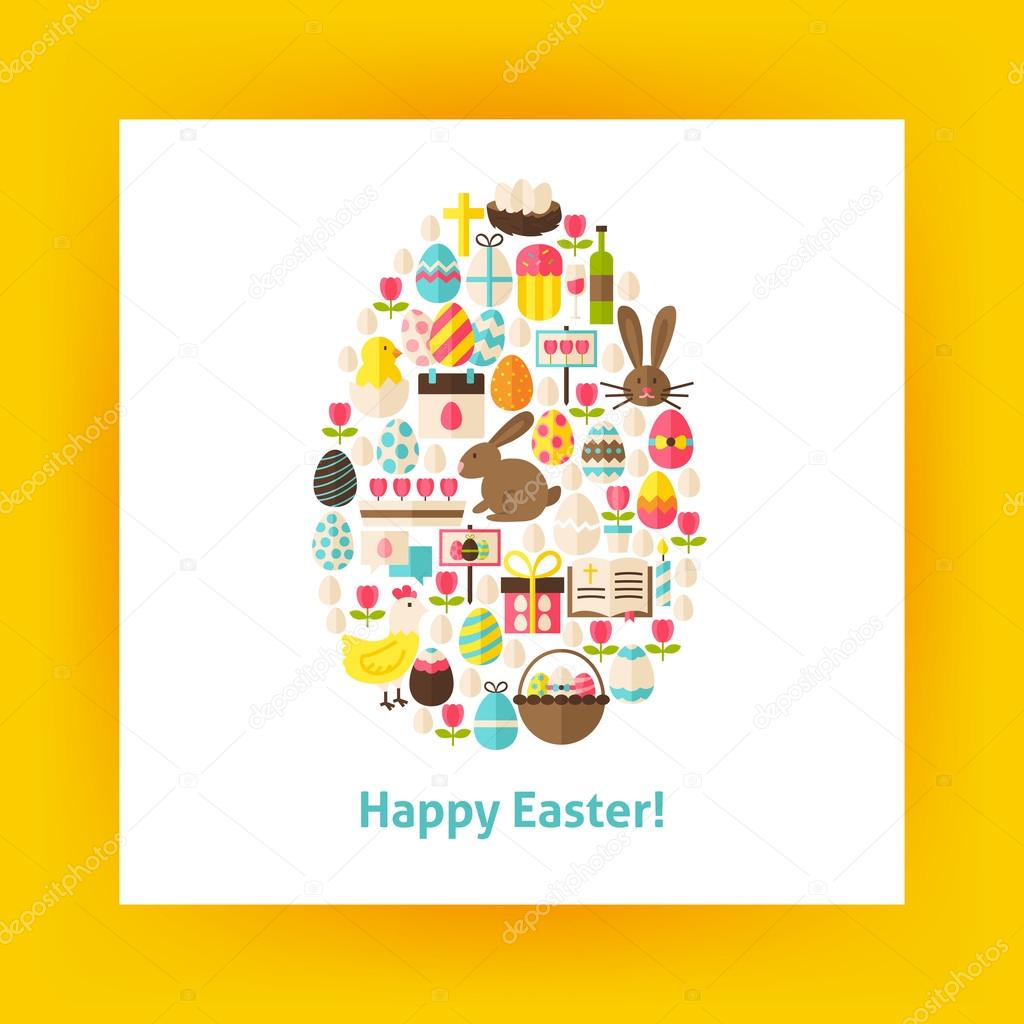 Flat Egg Shaped Vector Set of Happy Easter Objects over white Pa
