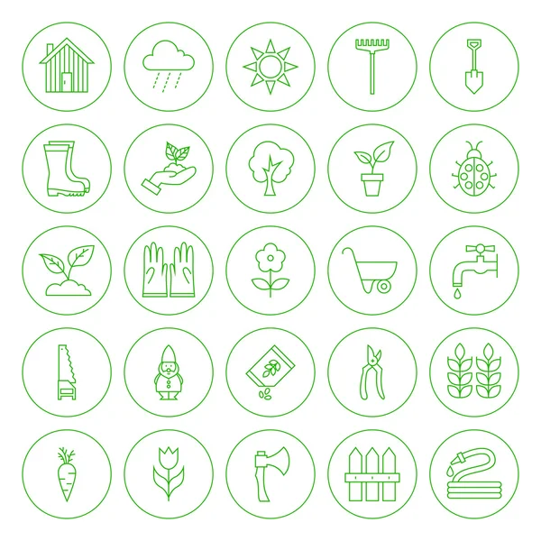 Ensemble d'icônes pour outils de jardinage Line Circle Spring — Image vectorielle