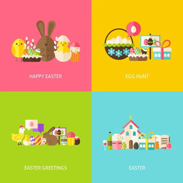 Happy Easter Greetings Flat Concepts Set — Stock Vector