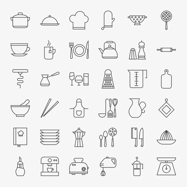 Kitchen Utensils Line Art Design Icons Big Set — Stock Vector