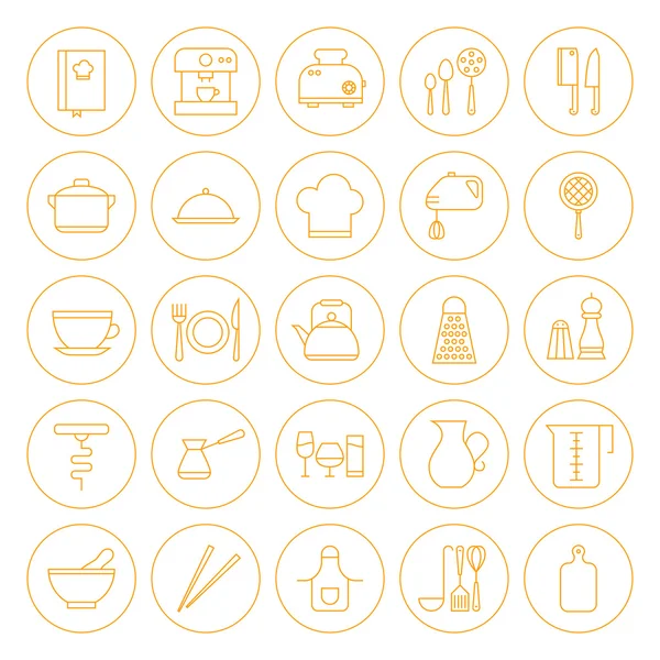 Linje cirkel köksutrustning och matlagning ikoner Set — Stock vektor