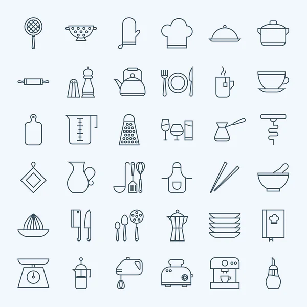 Line Cooking Utensils and Kitchenware Icons Set — Stock Vector