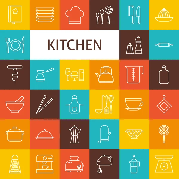 Set de iconos de utensilios de cocina y utensilios de cocina Vector Line Art — Vector de stock